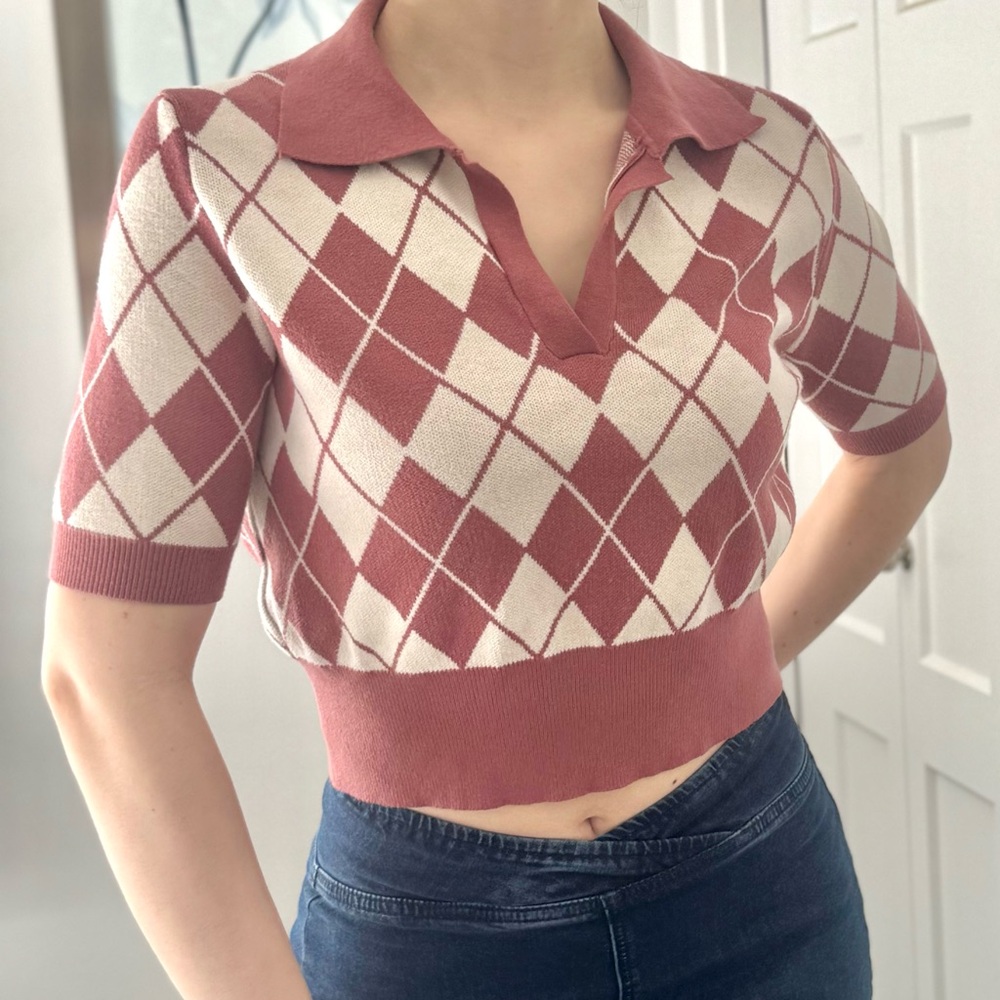 Argyle Knit Polo Crop Top - Dusty Rose & Cream